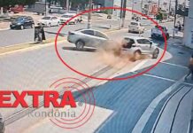 Câmeras de segurança registram colisão no centro de Vilhena; motorista teria dormido ao volante