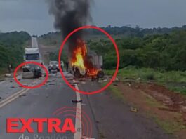 VÍDEO: caminhonete parte ao meio e pega fogo após colisão na BR-364 perto de Pimenta Bueno