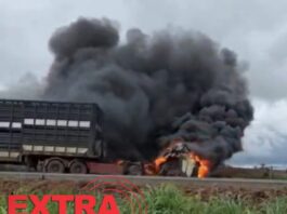 Caminhão pega fogo após colisão na BR-364 em Pimenta Bueno