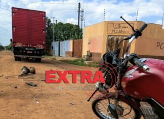 Colisão entre caminhão e moto mobiliza bombeiros no cruzamento das ruas Amapá e Brasília em Vilhena